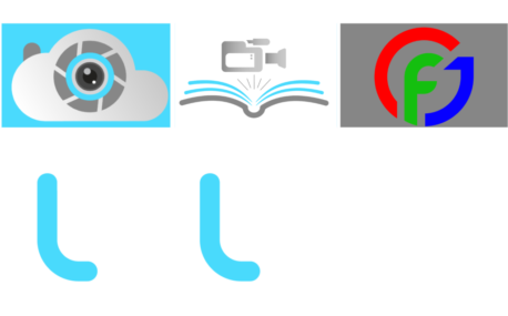 LCloud Productions, LLC's three separate logos. The grey cloud made to look like a camera on the light blue background for LCloud Productions, the grey book with blue pages, opening up with a camera coming to life out of it for LCloud MediaStudies, and the CFJ in red/green/blue for CloudyFilmJourney