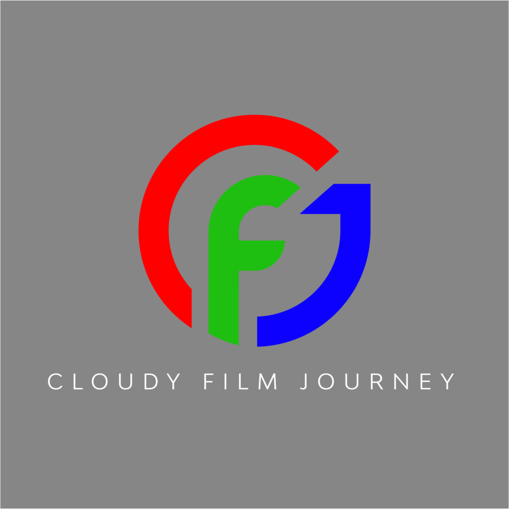 Logo for CloudyFilmJourney - A Red letter C overcast over a Green letter F in the middle, with a Blue letter J in front of it. The letters come together to form a circle around the F. the words "Cloudy Film Journey" are spelled below the symbol.