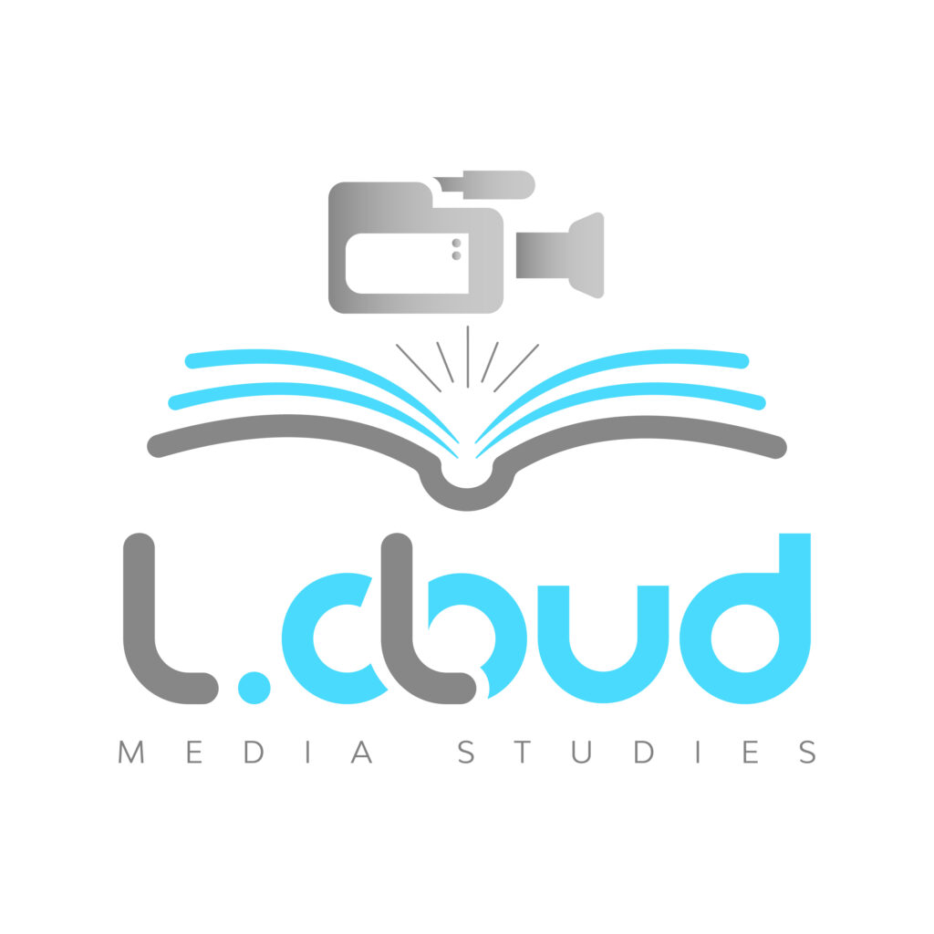 LCloud MediaStudies Logo - A dark grey book with light blue pages, opening up to reveal a grey gradient digital film camera coming to life out of the pages, with the words "LCloud Media Studies" spelled out below it.